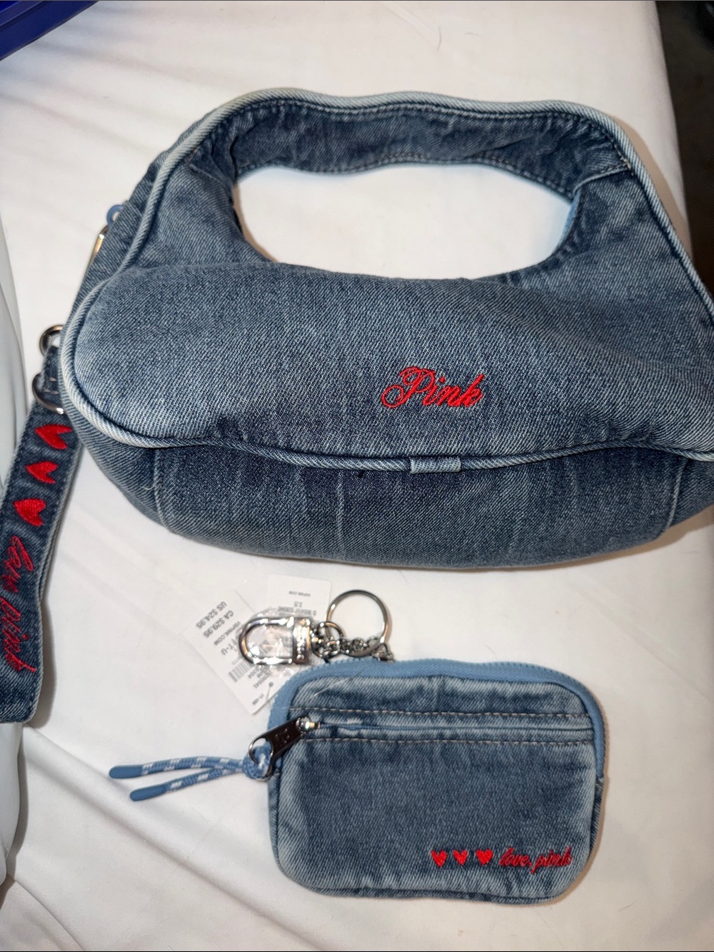 SET BNWT PINK Victoria's Secret Denim Mini Shoulder Bag & Coin Pouch Card holder